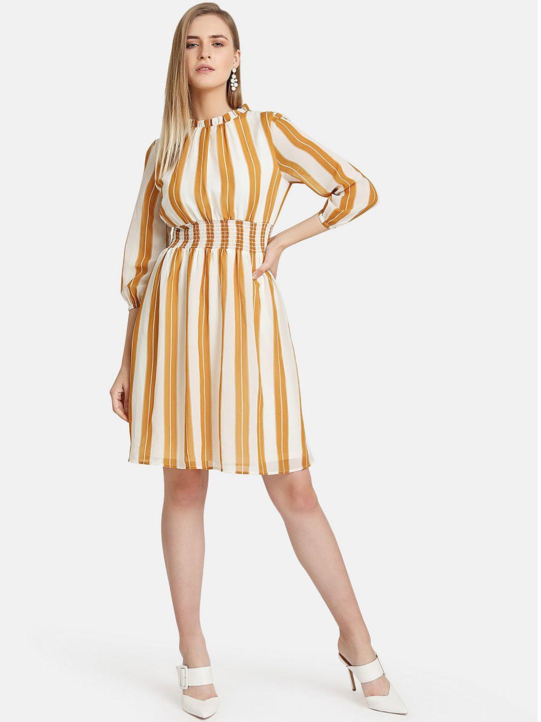 kazo women white striped fit and flare dress