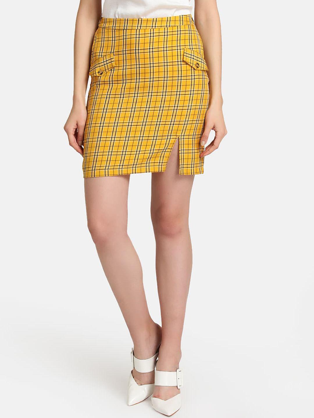 kazo women yellow & black checked straight mini skirt