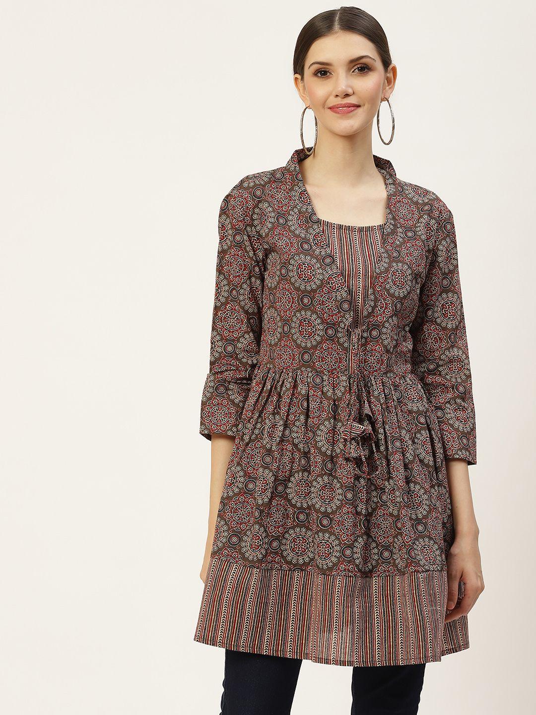 kbz brown & red ethnic motifs printed pure cotton top