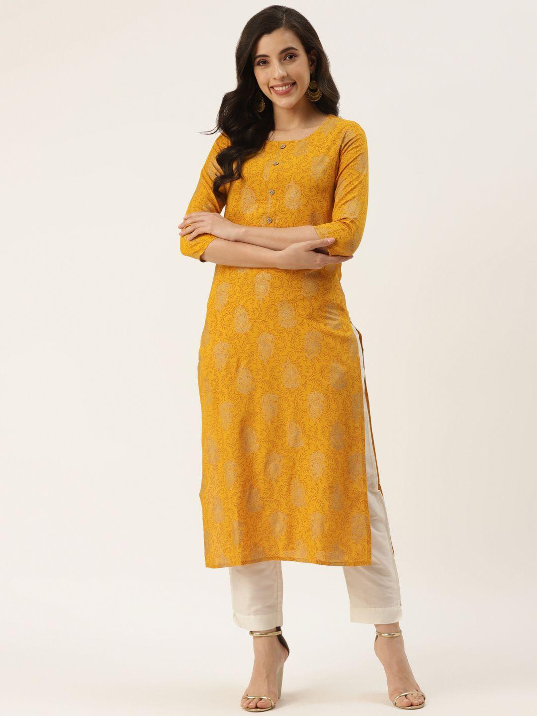 kbz women mustard yellow & rust ethnic motifs printed kurta