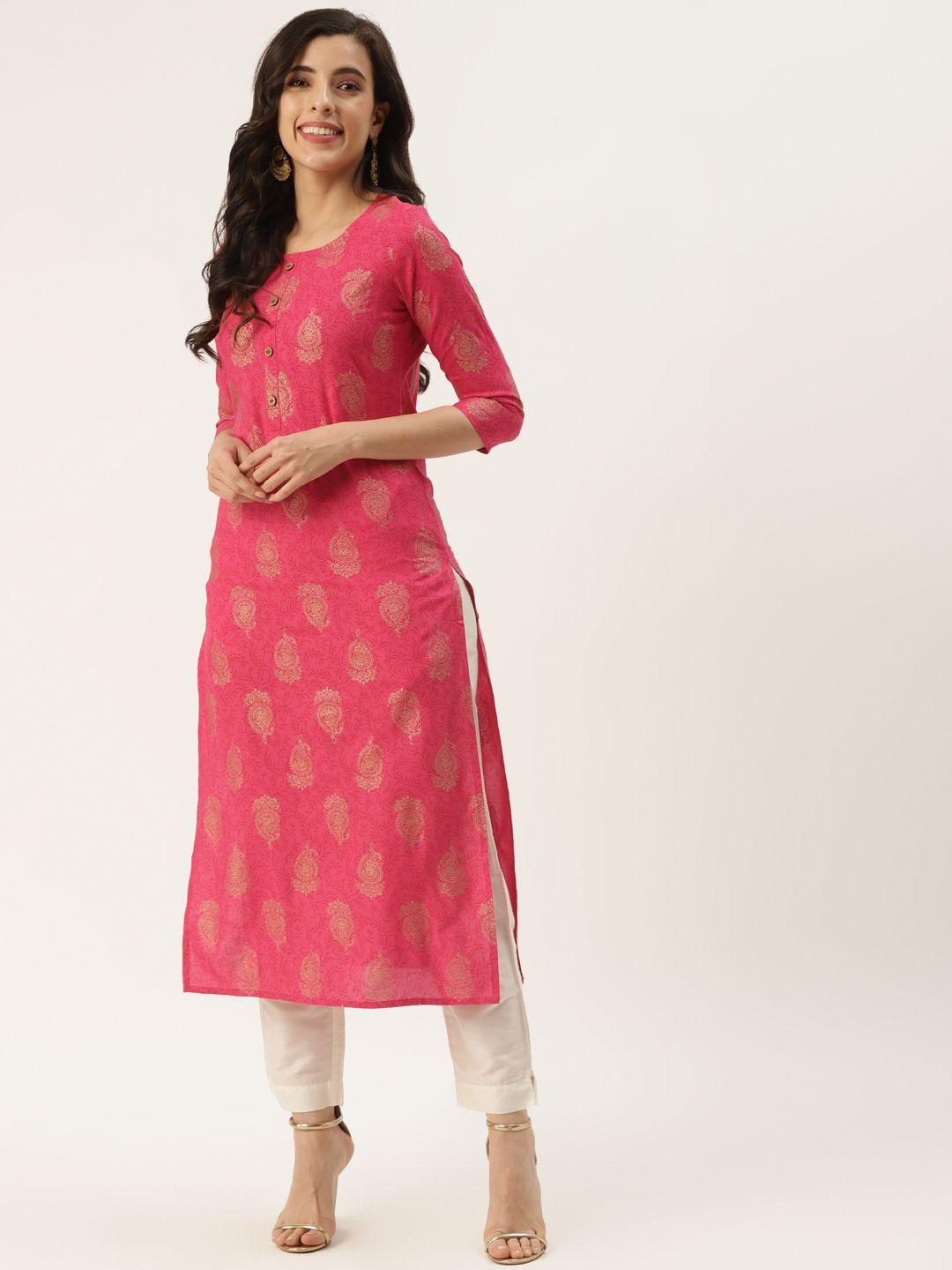 kbz women pink & beige ethnic motifs printed kurta