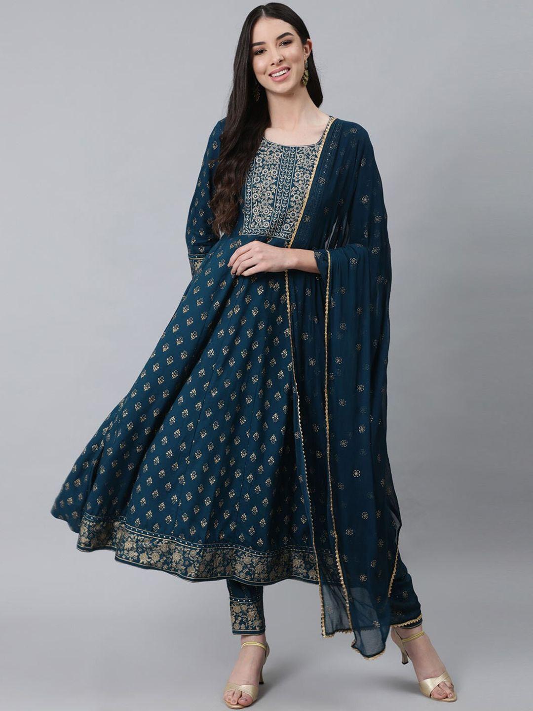 kbz floral printed empire kurta with trousers & dupatta