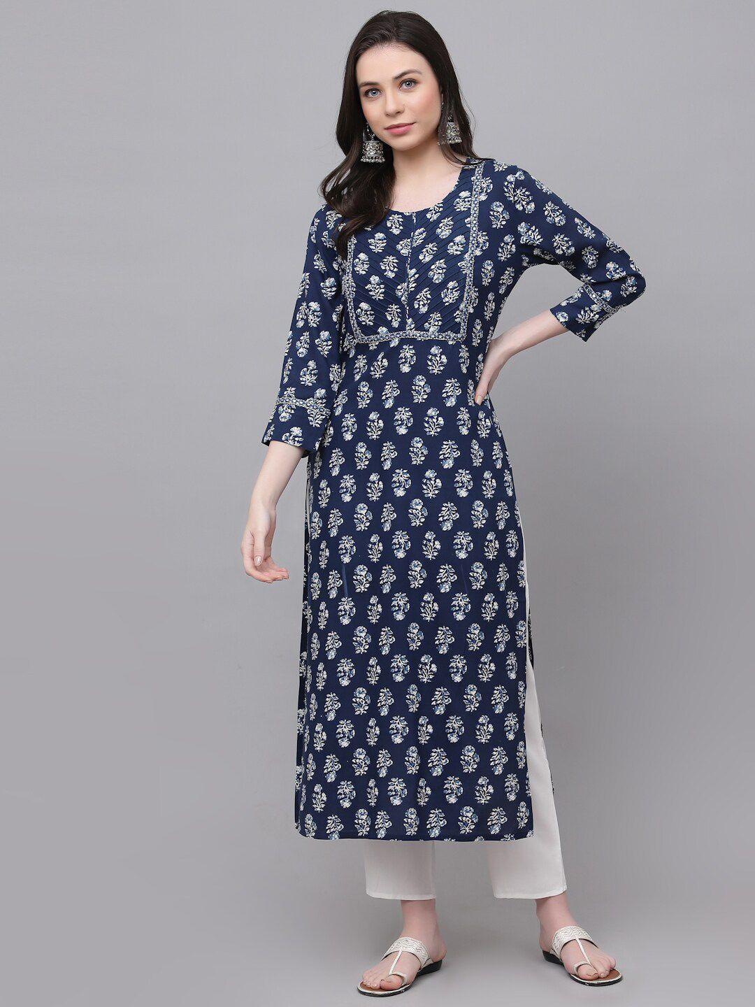 kbz floral printed round neck pure cotton straight kurta