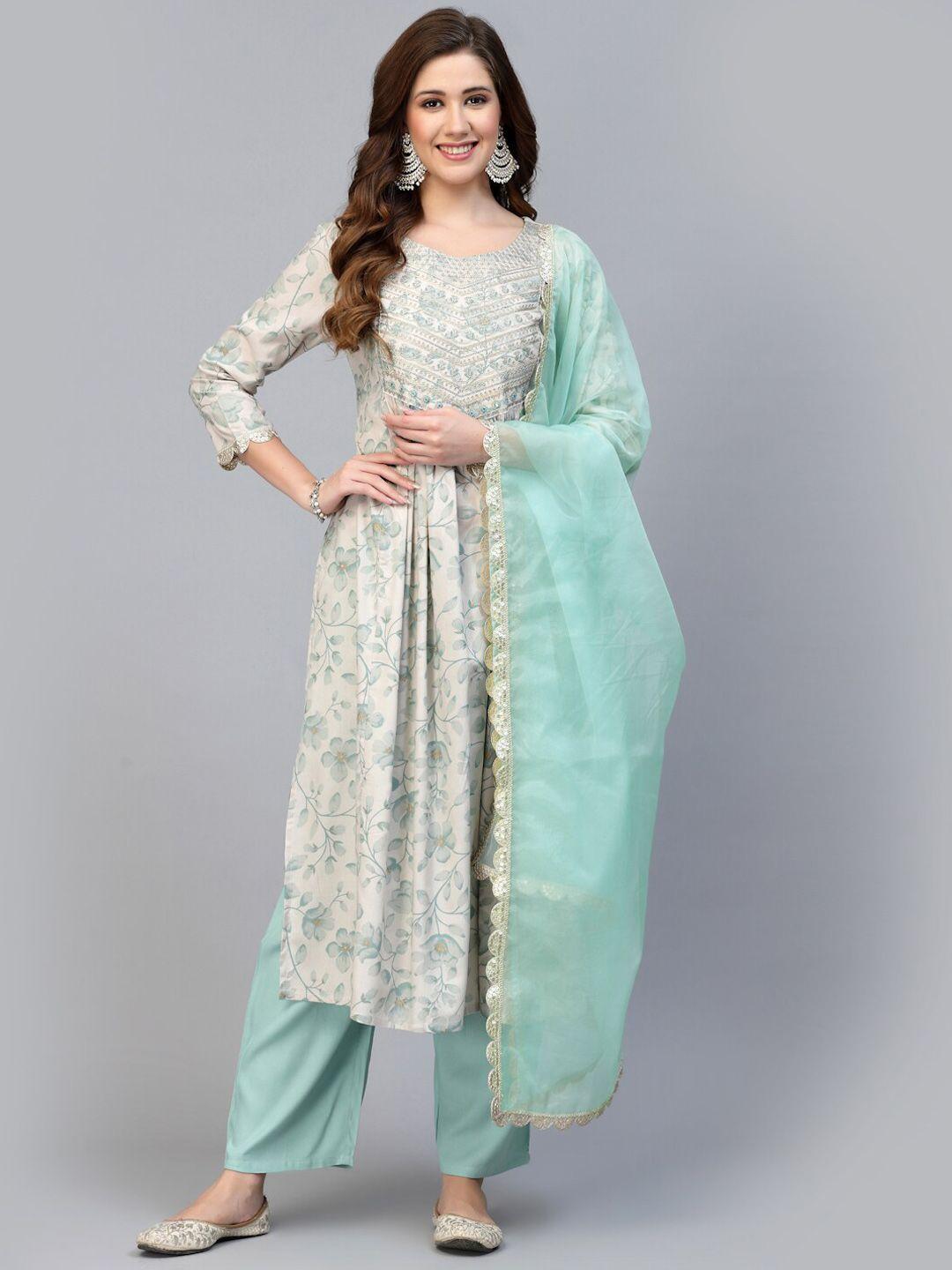 kbz floral printed sequinned kurta with palazzos & with dupatta