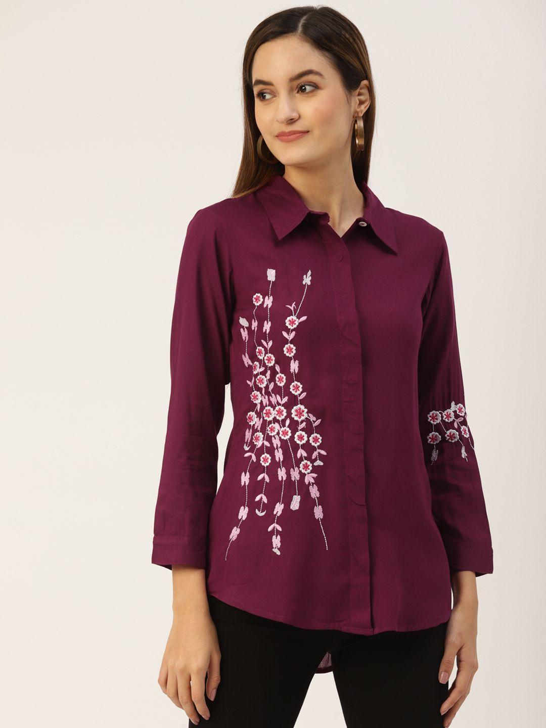 kbz maroon & white floral print shirt style top