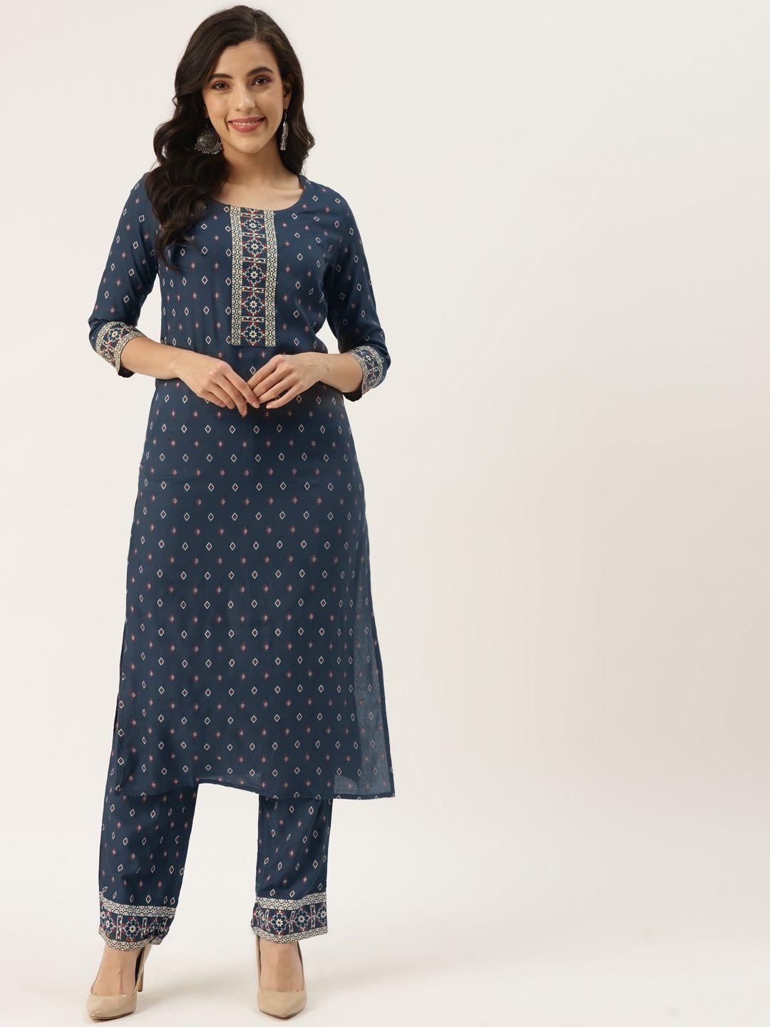kbz women blue ethnic motifs printed kurta with trousers
