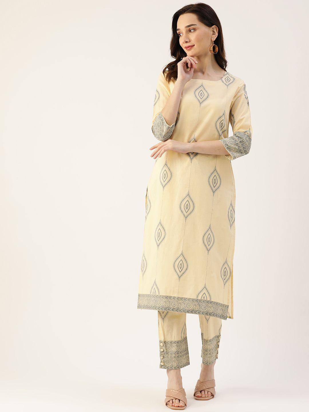 kbz women cream-coloured & navy blue ethnic motifs printed pure cotton kurta with trousers