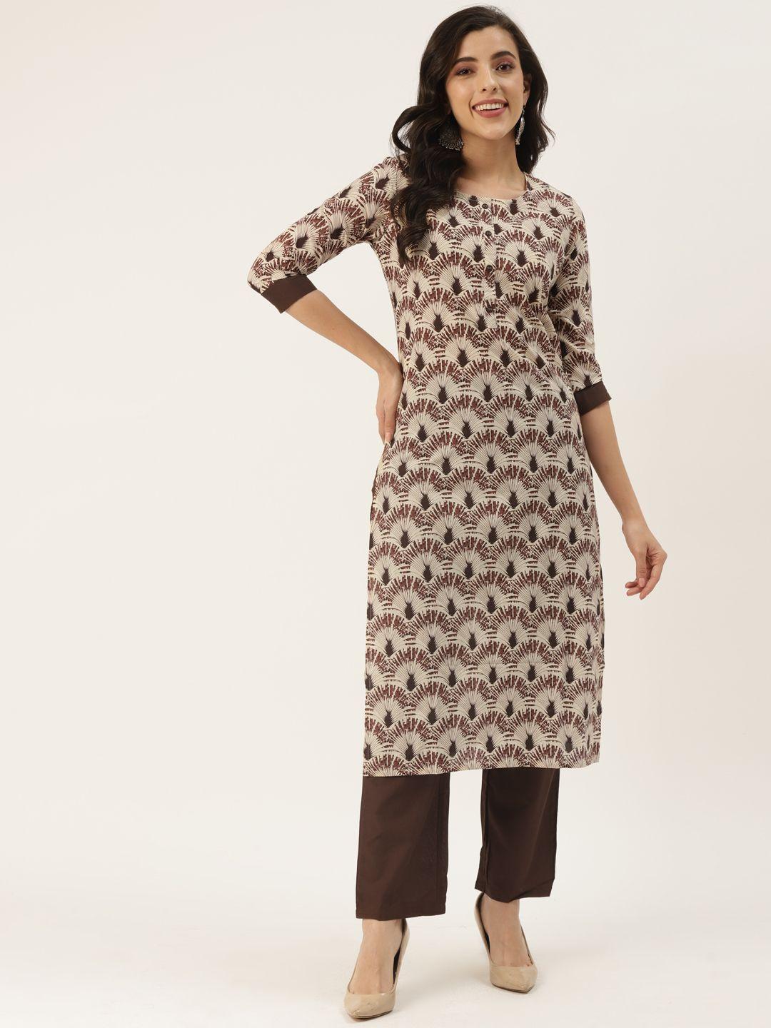 kbz women cream-coloured ethnic motifs printed kurta with trousers