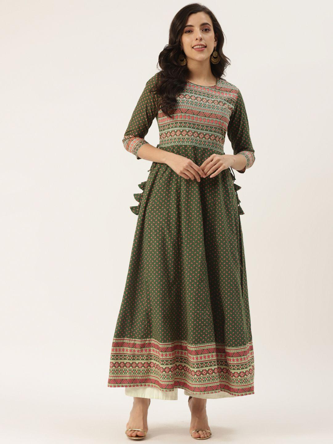 kbz women green & beige ethnic motifs printed anarkali kurta