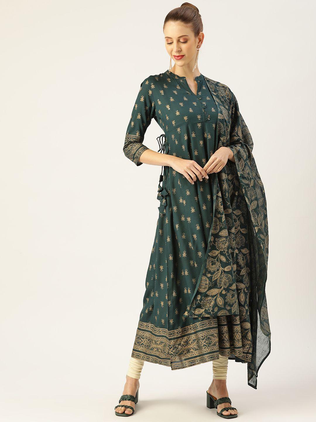 kbz women green & beige ethnic motifs printed kurta with dupatta