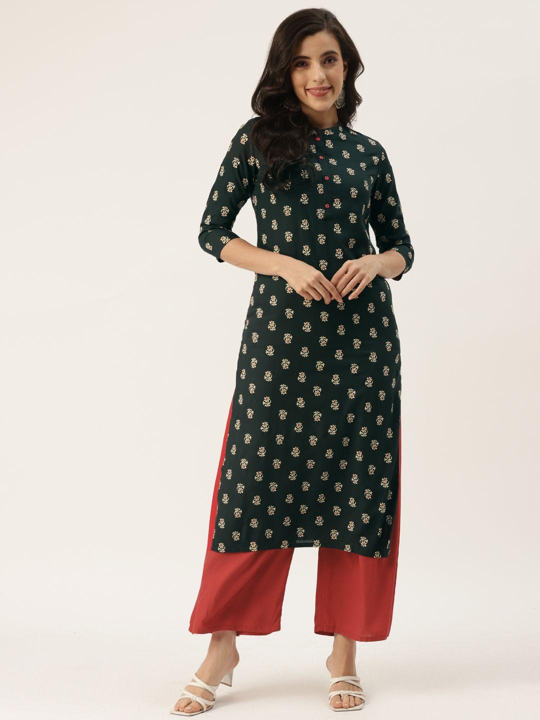 kbz women green & white ethnic motifs printed kurta