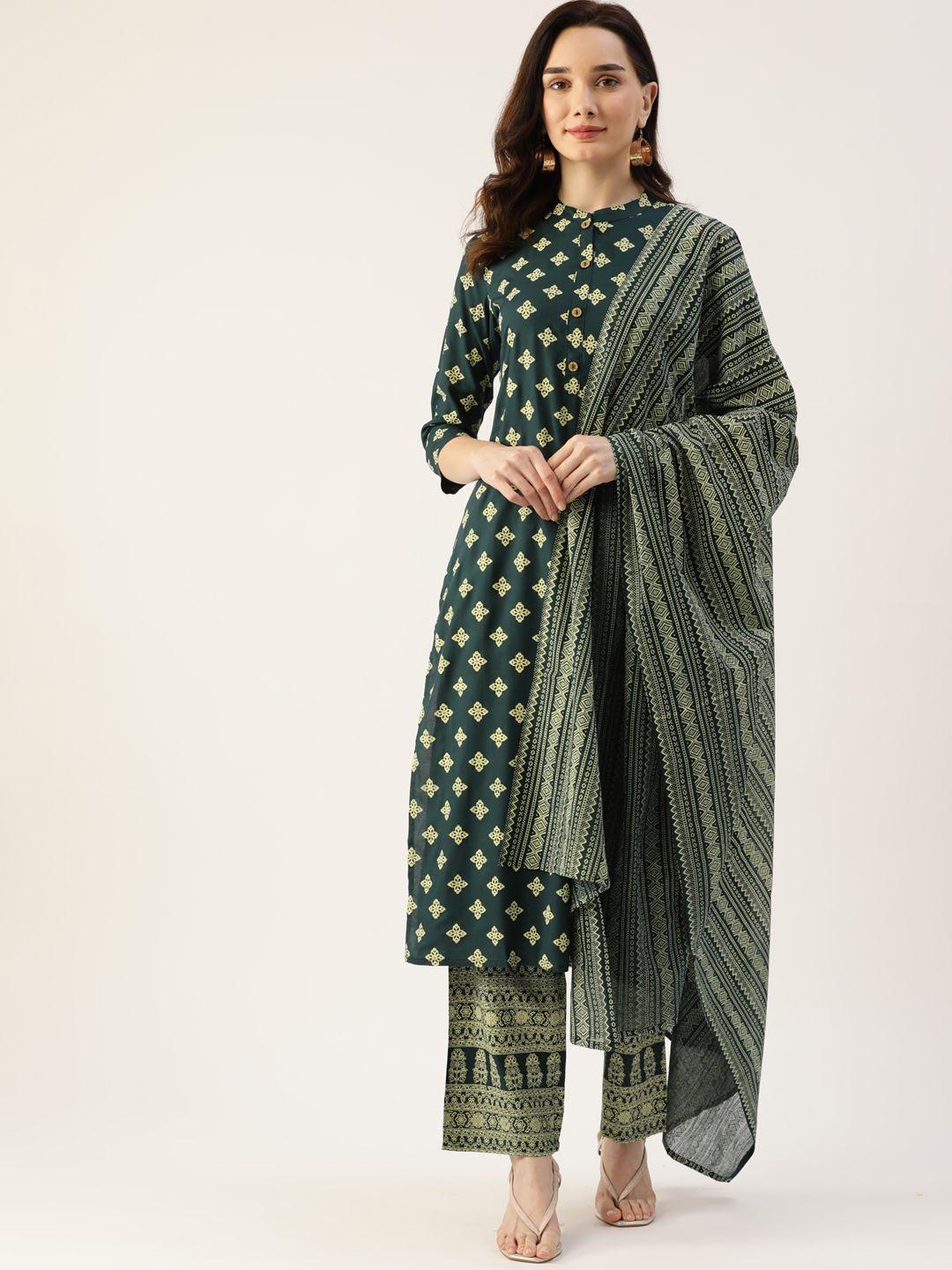 kbz women green ethnic motifs printed kurta with palazzos & with dupatta