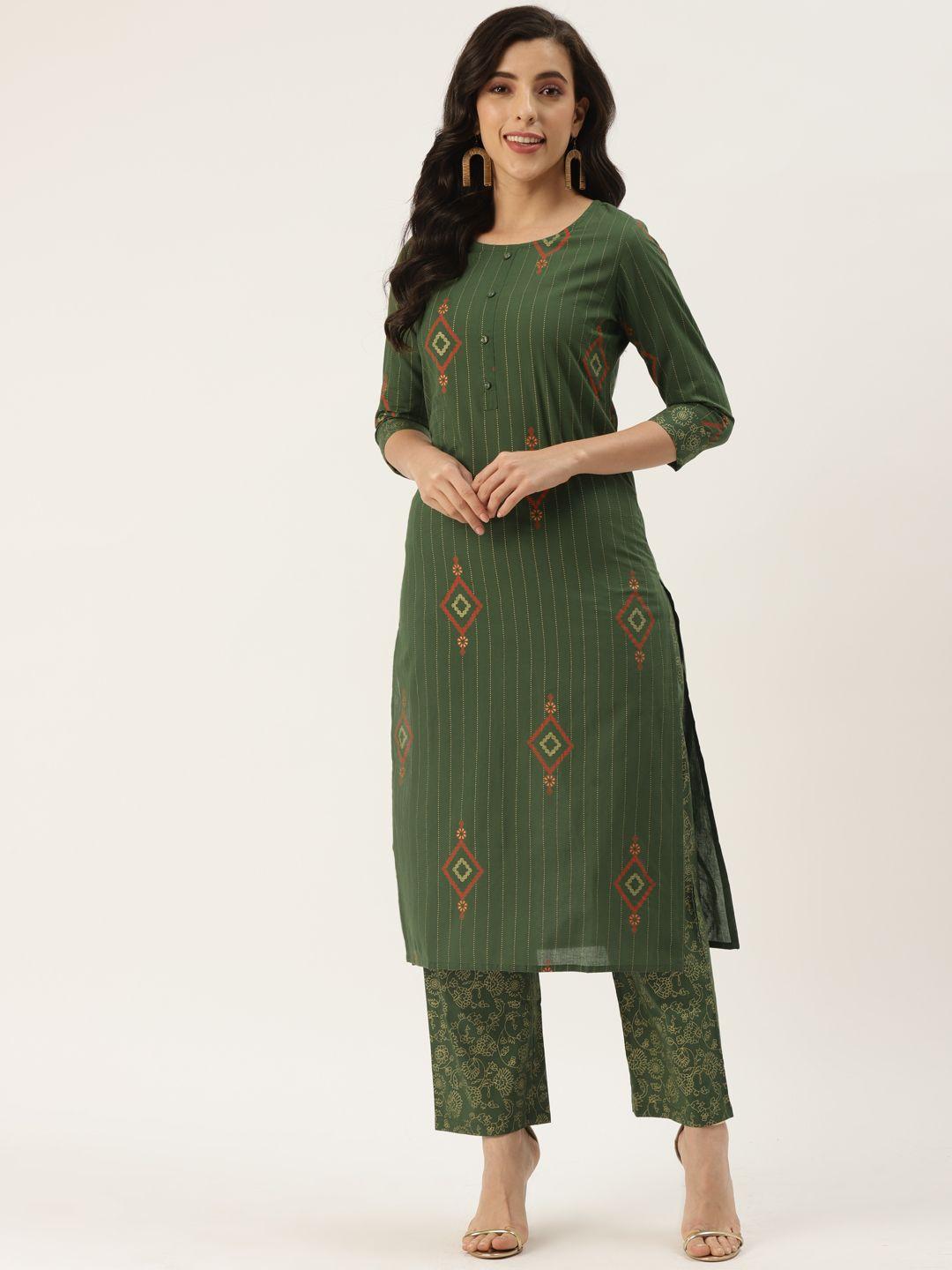 kbz women green ethnic motifs printed kurta with trousers