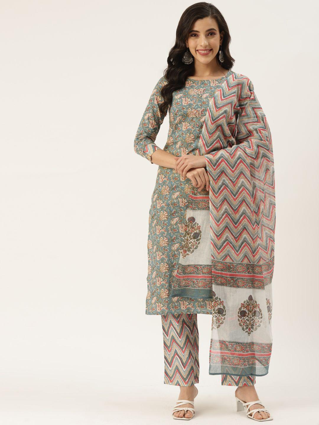 kbz women green ethnic motifs printed pure cotton kurta with trousers & with dupatta