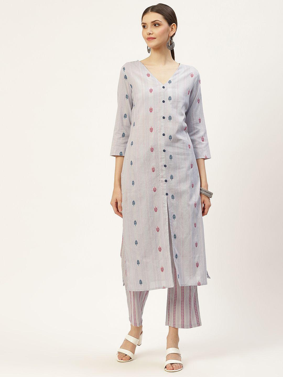 kbz women grey & pink self design thread work pure cotton kurta with trousers