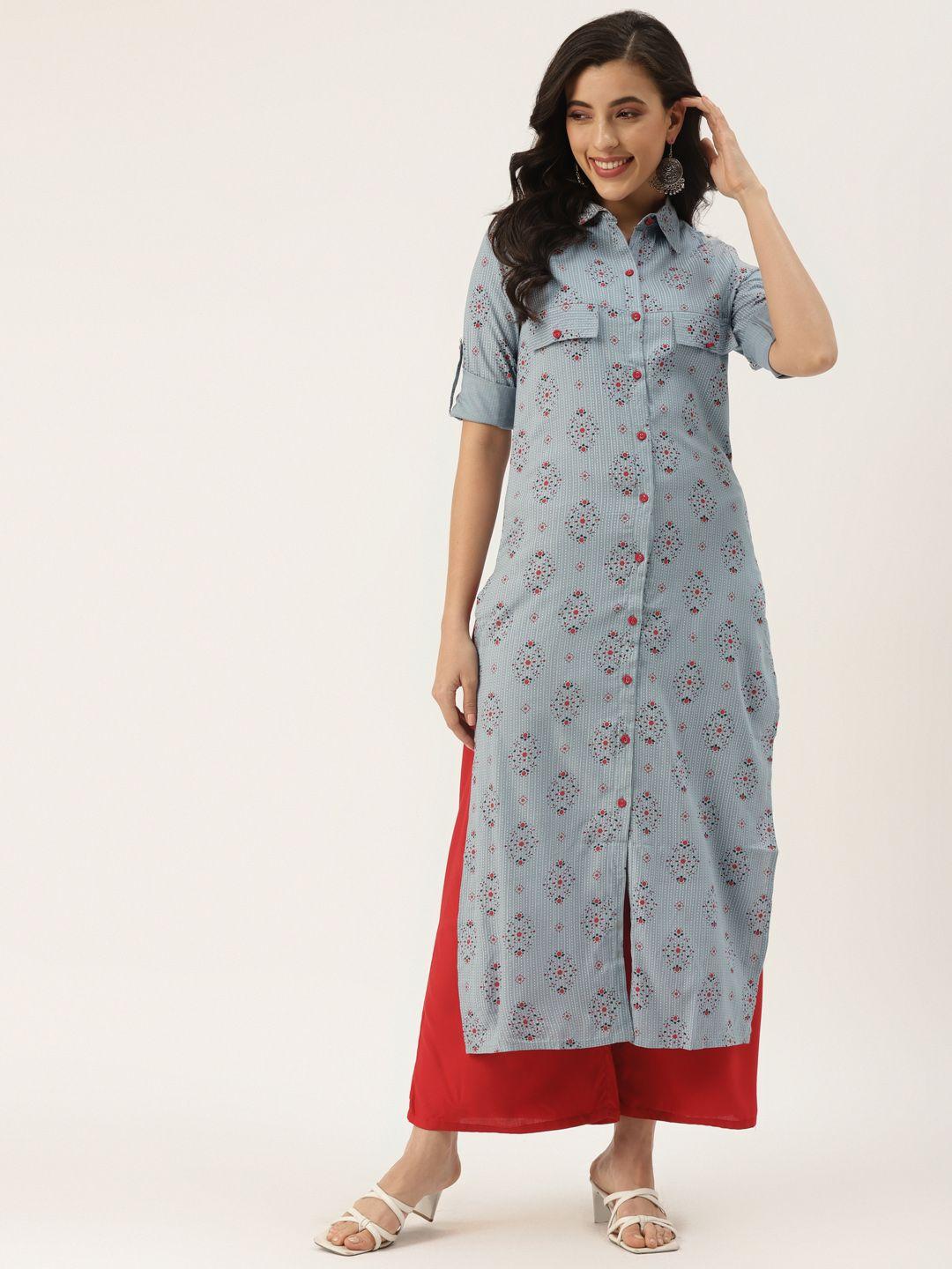 kbz women grey & red ethnic motifs printed kurta