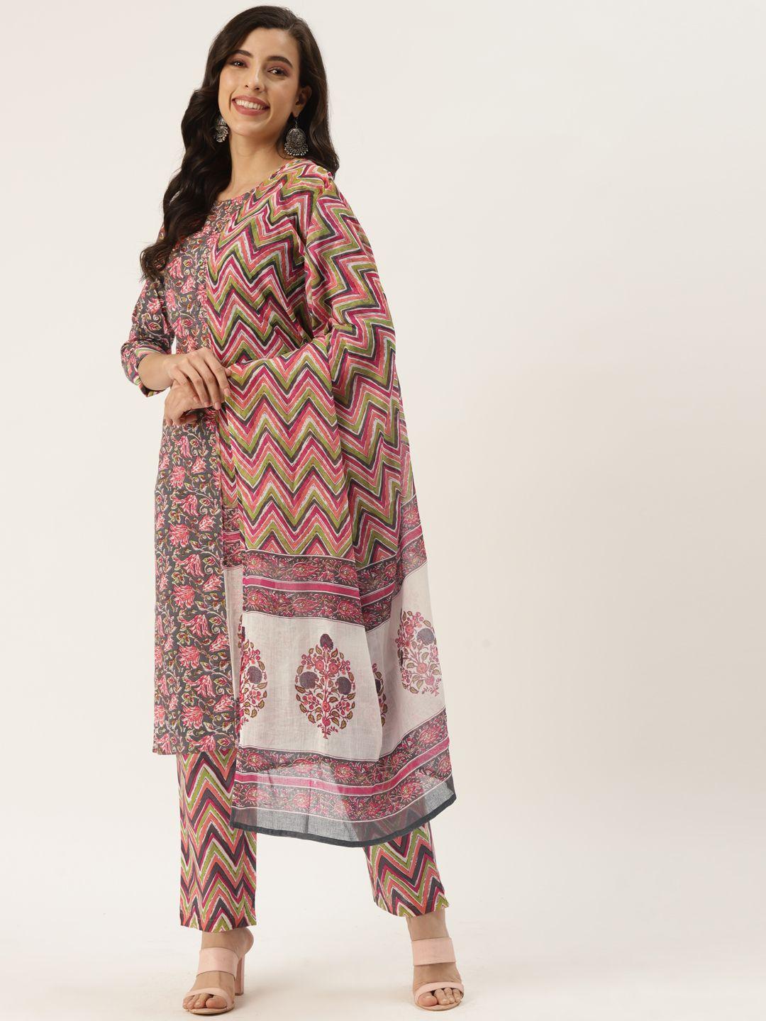 kbz women grey ethnic motifs printed pure cotton kurta with trousers & with dupatta