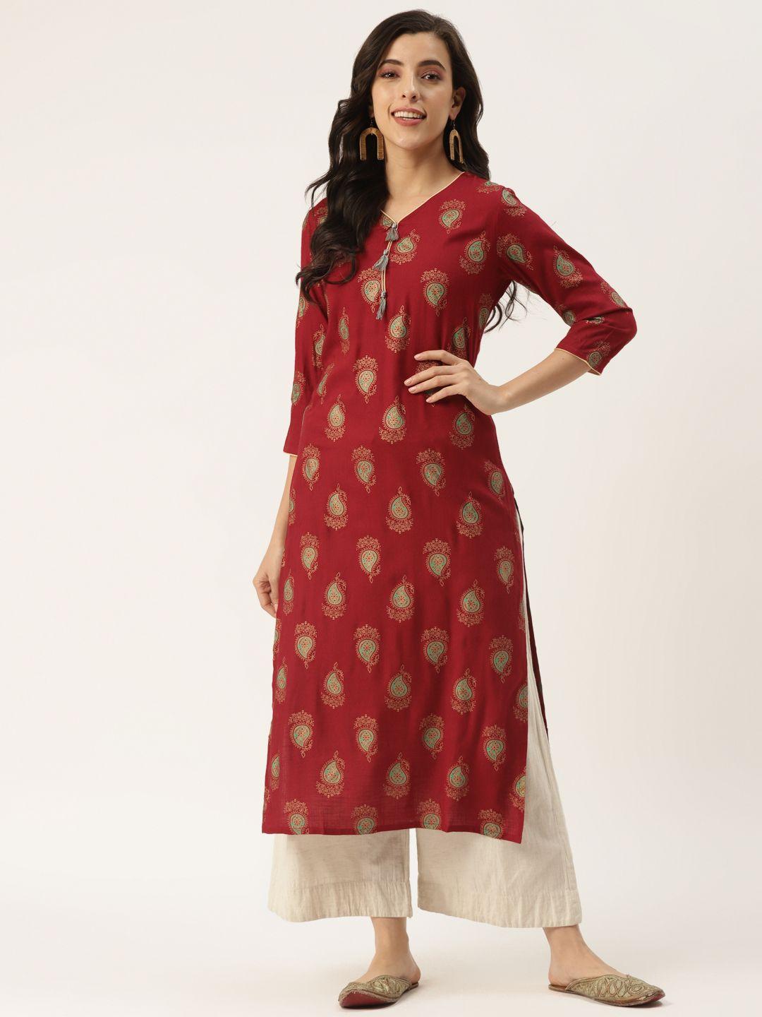 kbz women maroon & beige ethnic motifs printed kurta