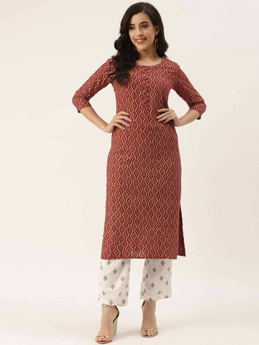 kbz women maroon ethnic motifs printed kurta with trousers