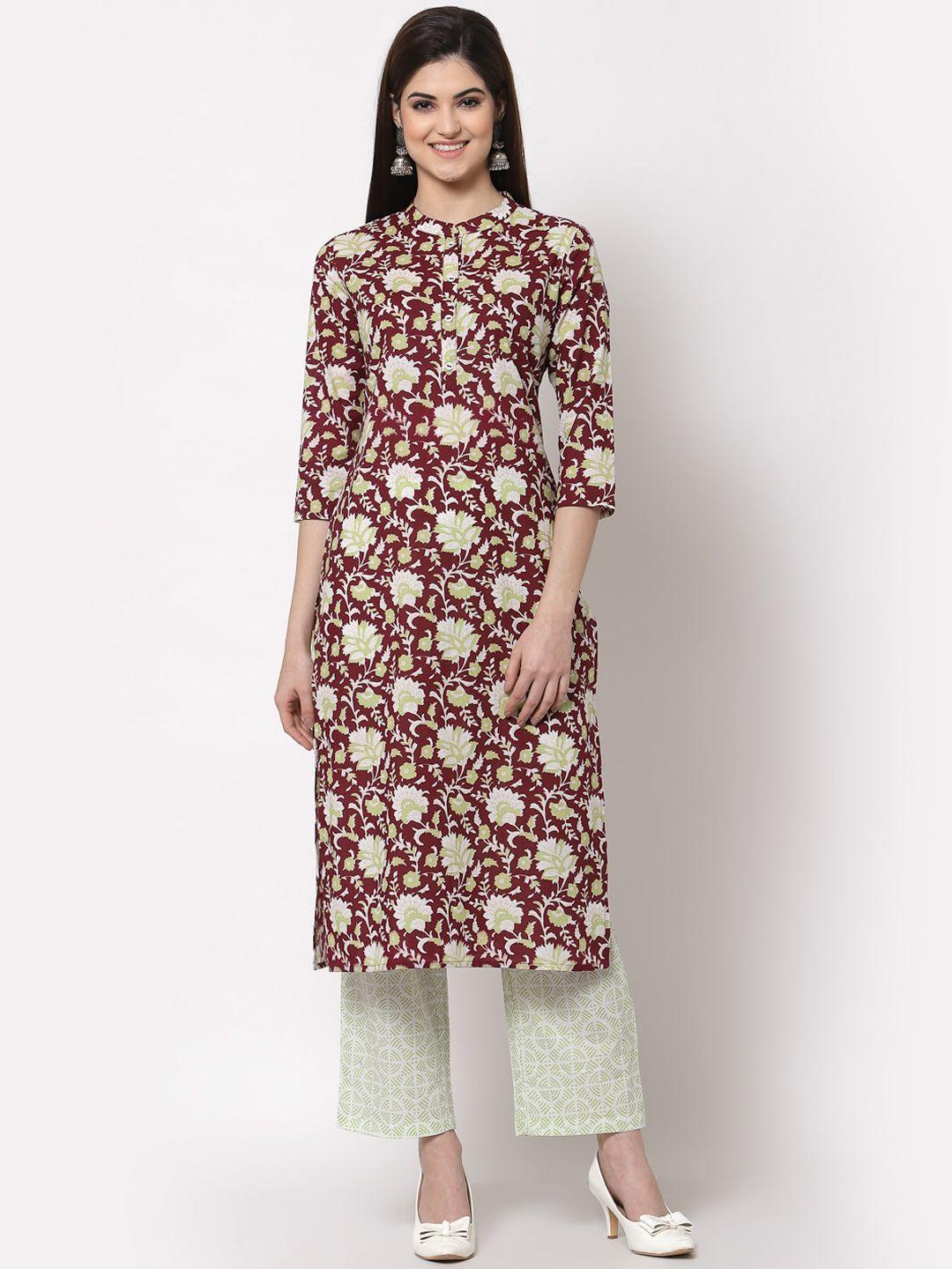 kbz women maroon floral printed pure cotton kurta with palazzos