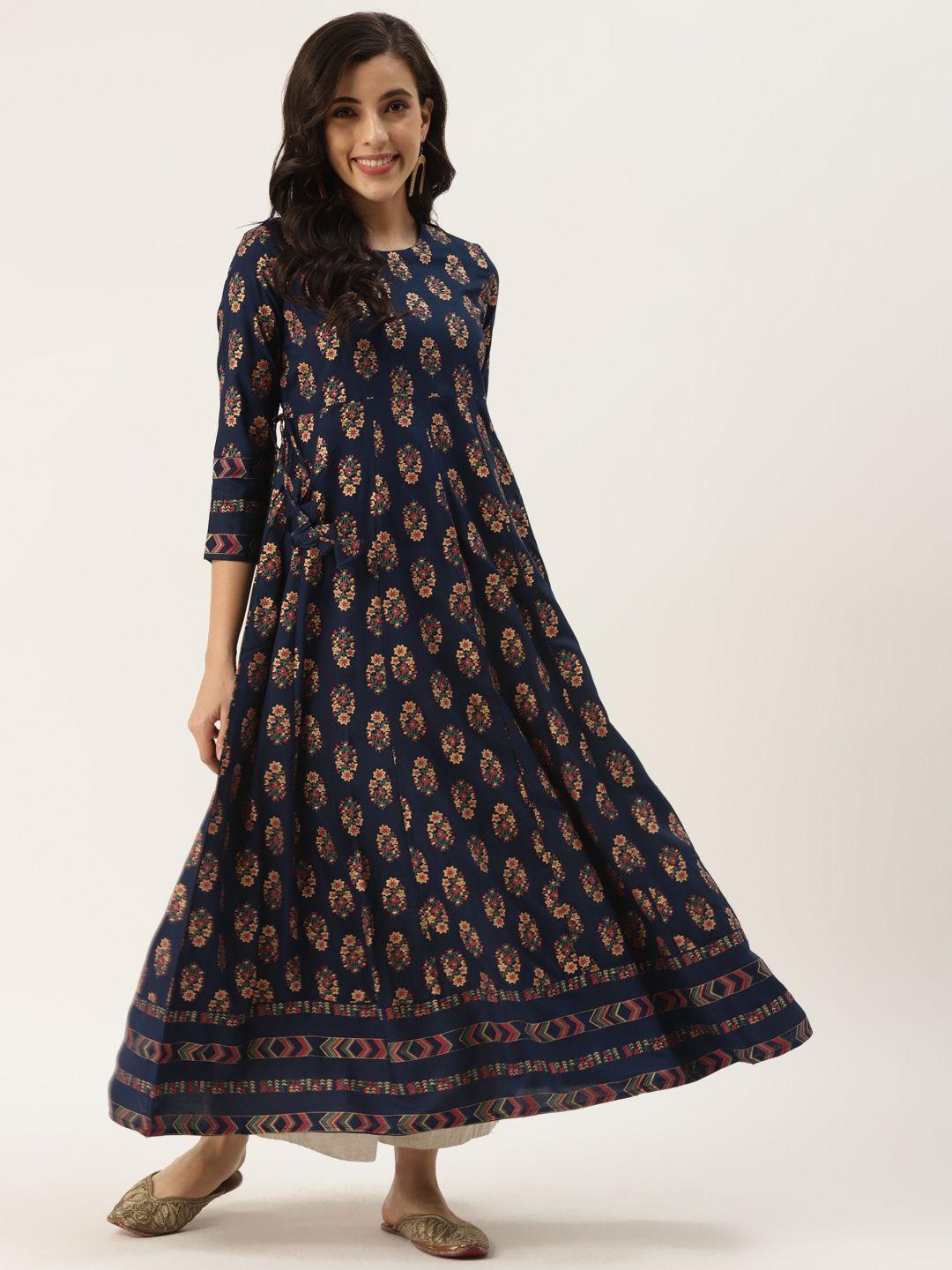 kbz women navy blue & beige ethnic motifs printed anarkali kurta