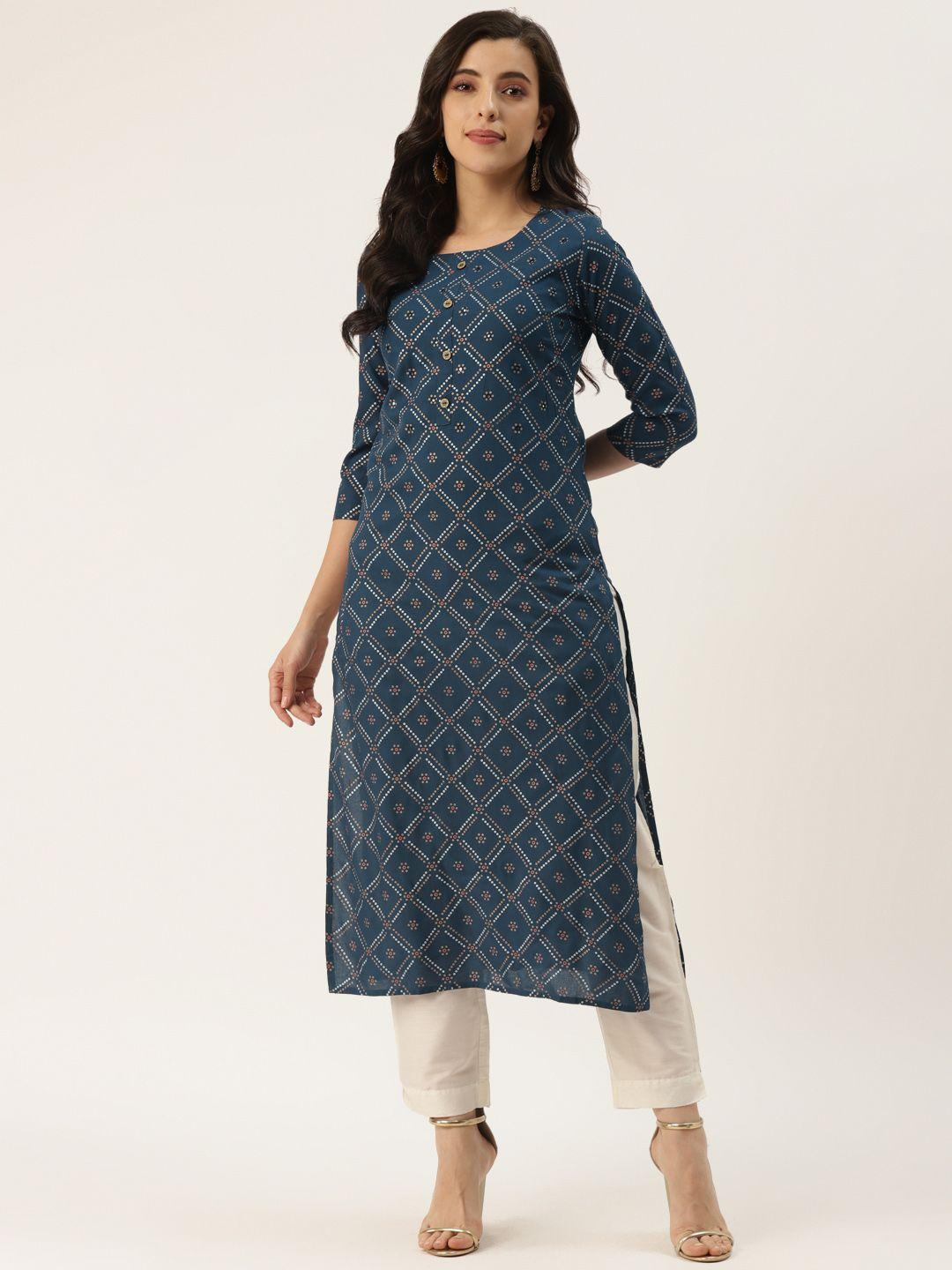 kbz women navy blue & white bandhani printed kurta