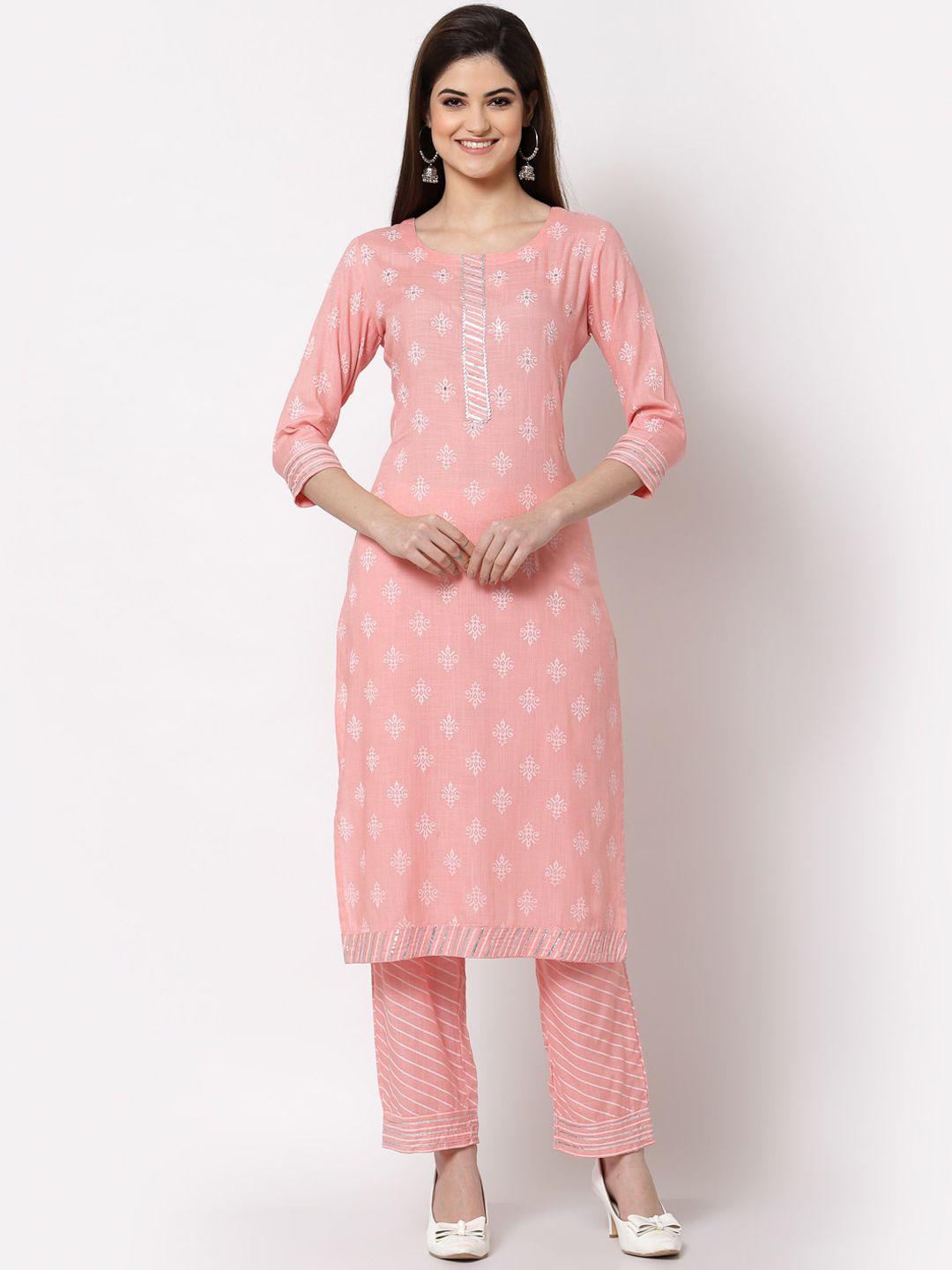 kbz women pink ethnic motifs printed kurta with trousers