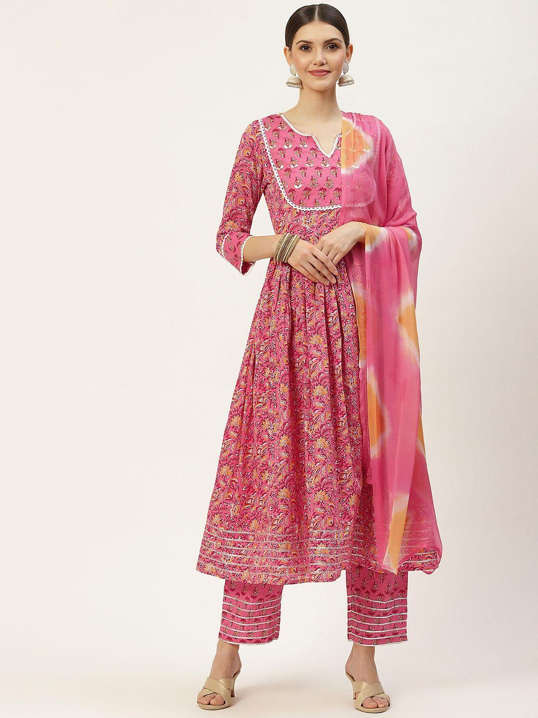 kbz women pink ethnic motifs printed pleated pure cotton kurta with trousers & dupatta