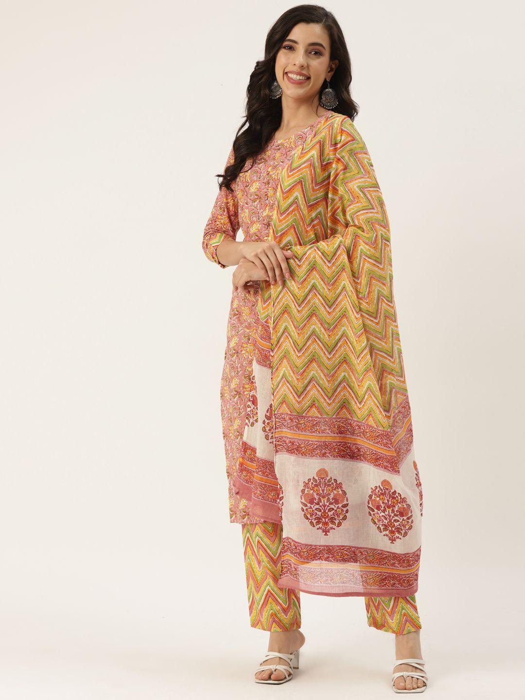 kbz women pink ethnic motifs printed pure cotton kurta with trousers & with dupatta