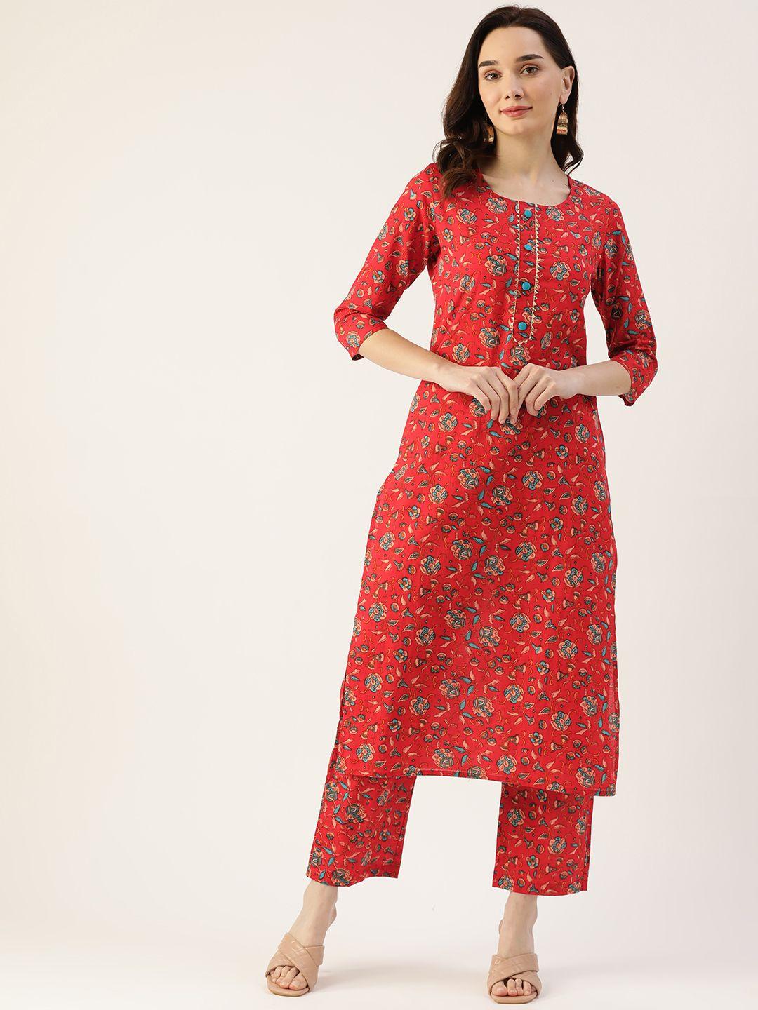 kbz women red & blue ethnic motifs printed gotta patti pure cotton kurta with trousers