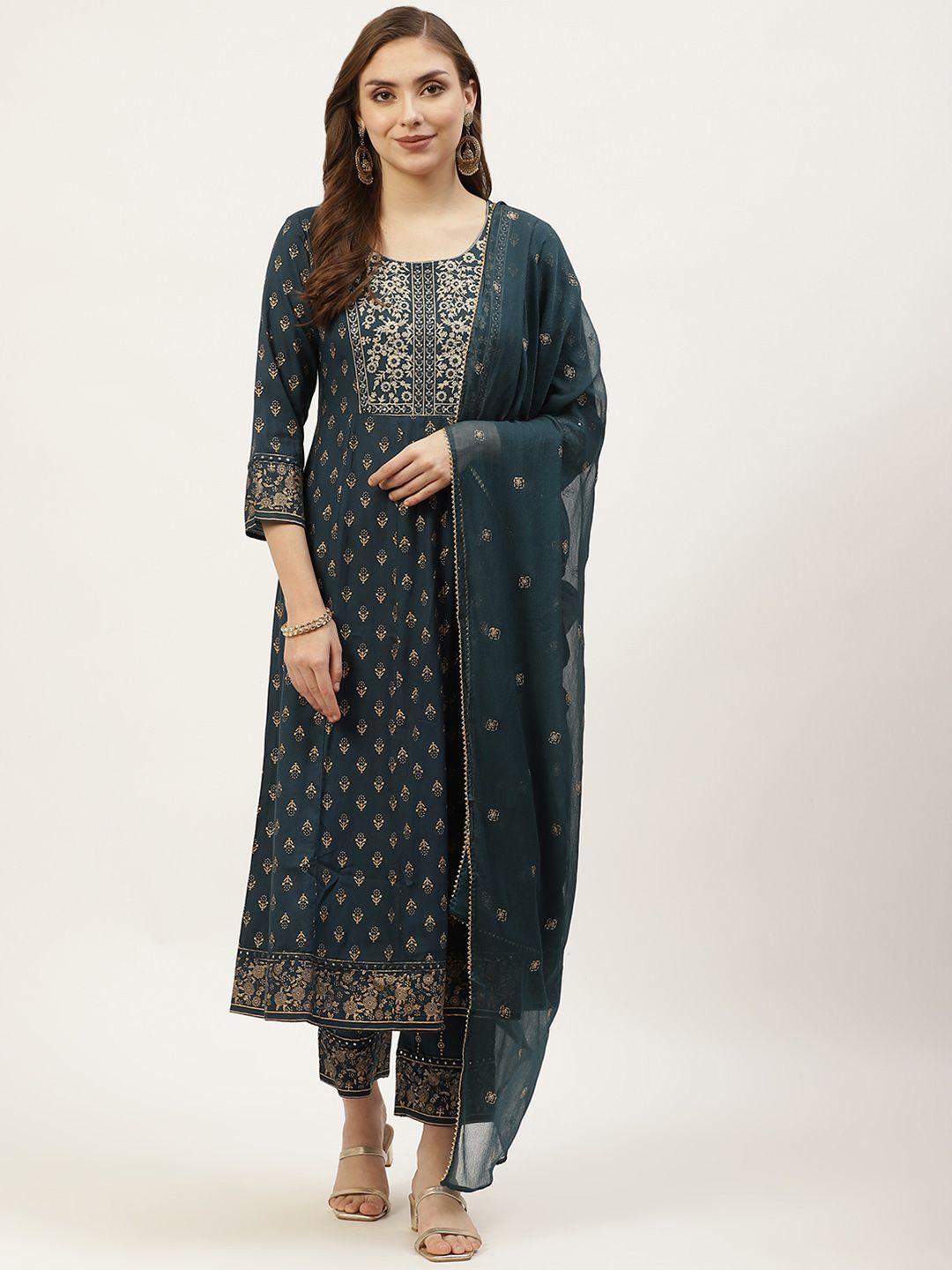 kbz women teal blue ethnic motifs embroidered kurta with trousers & dupatta