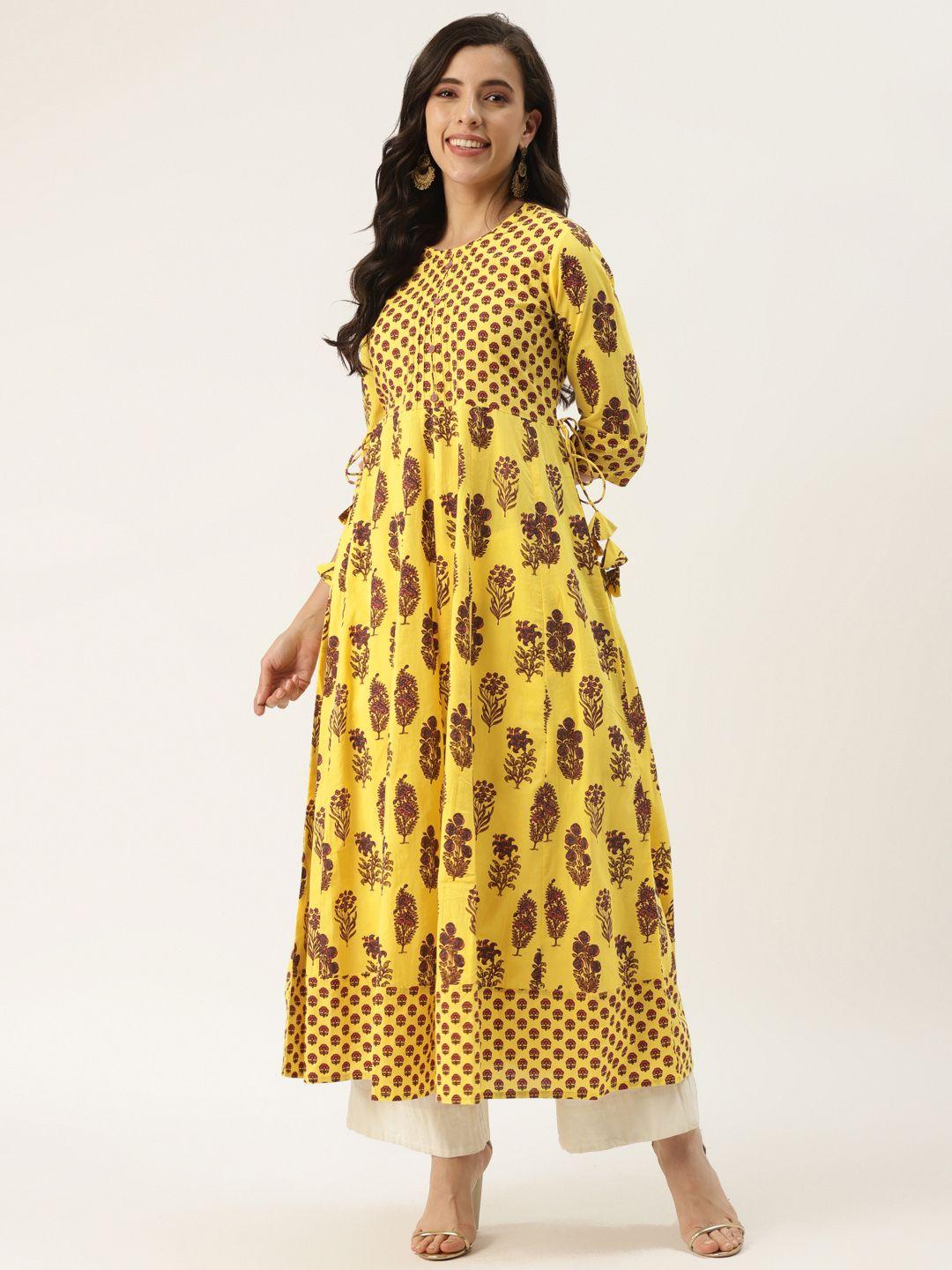kbz women yellow & maroon ethnic motifs printed anarkali kurta