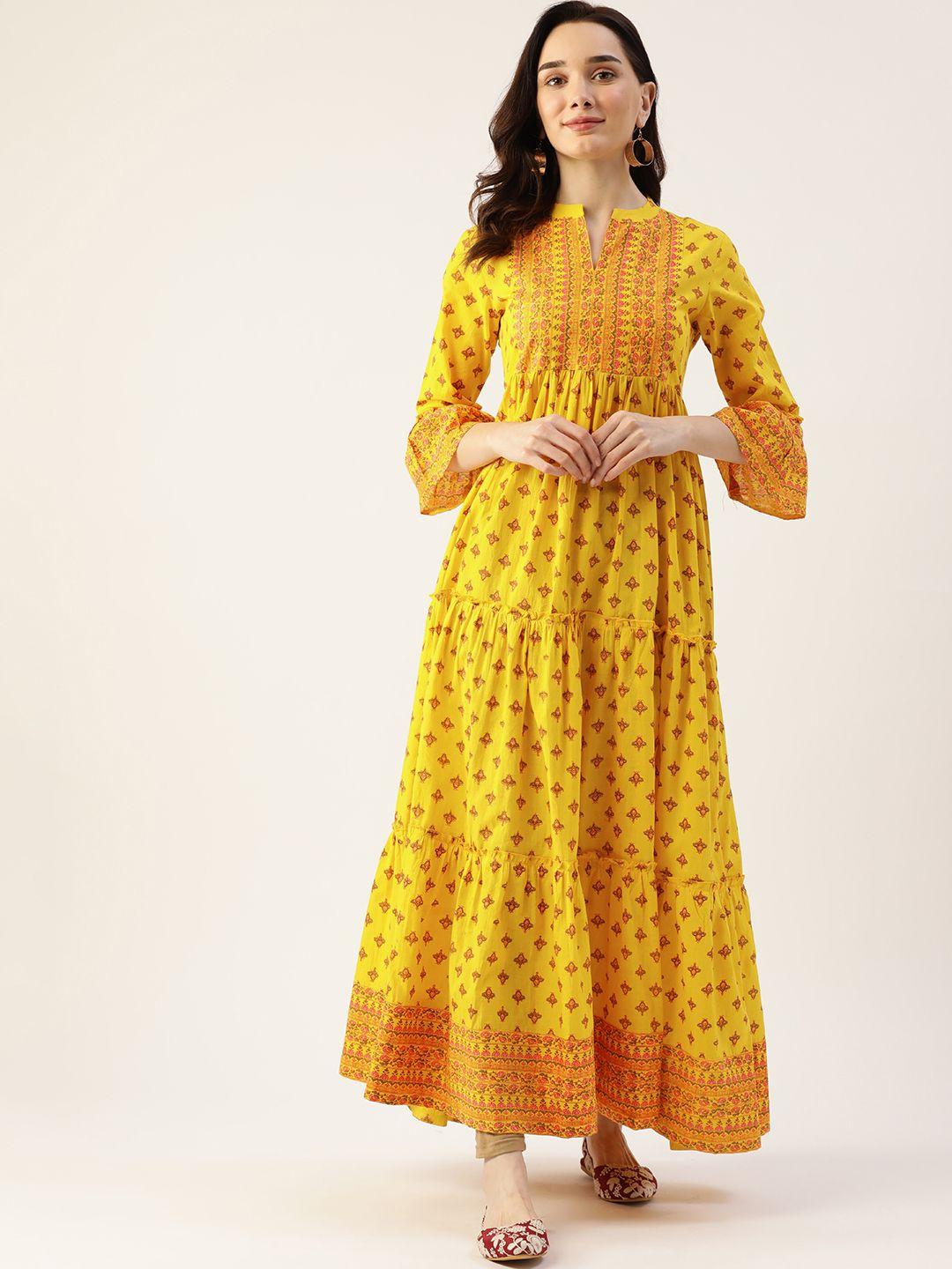 kbz women yellow & pink ethnic motifs printed tiered anarkali kurta