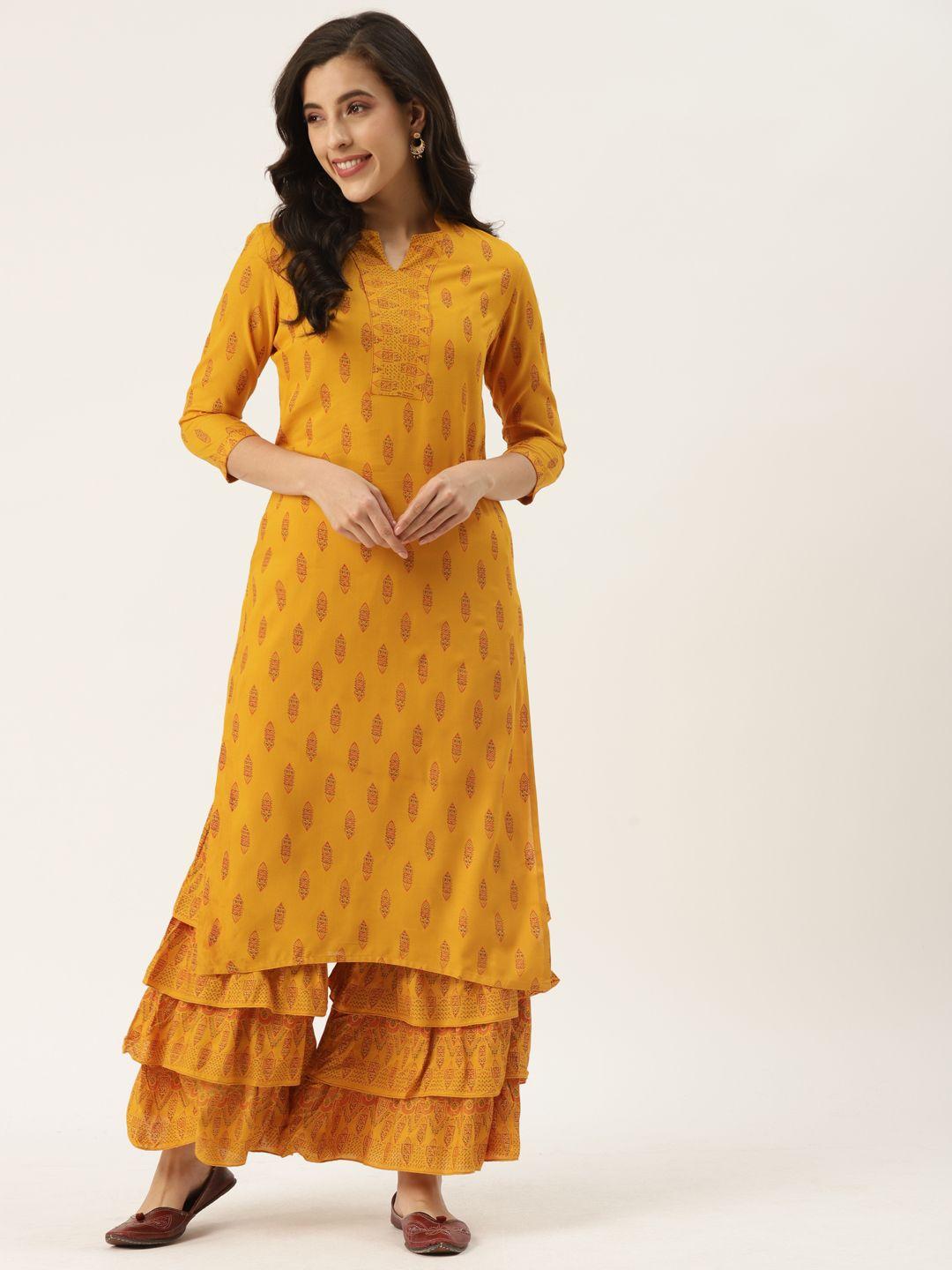 kbz women yellow ethnic motifs printed kurta with sharara