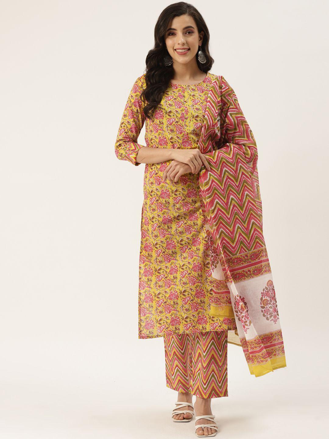 kbz women yellow ethnic motifs printed pure cotton kurta with trousers & with dupatta