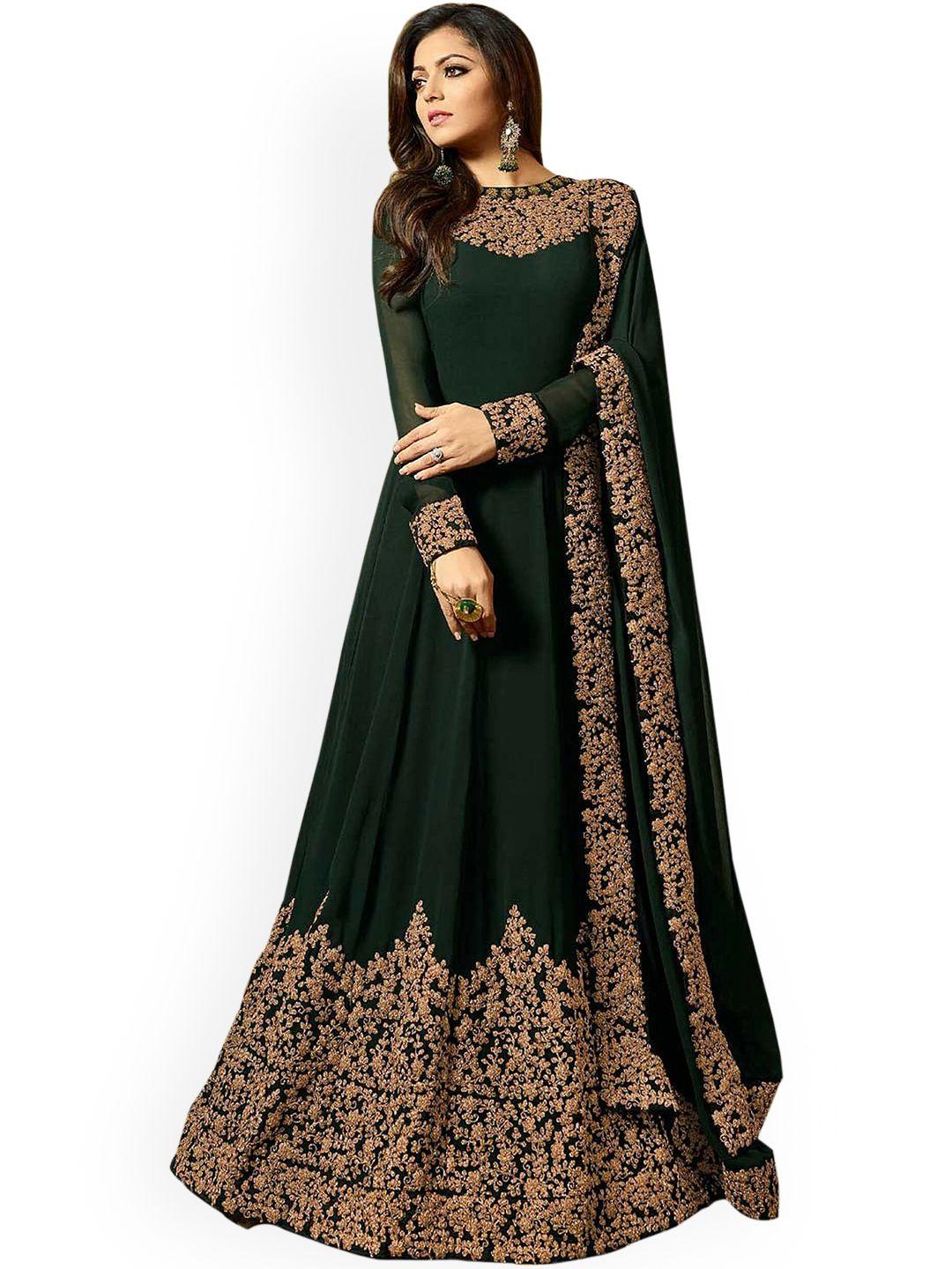 kedar fab ethnic embroidered long sleeve embellished silk maxi ethnic dress & dupatta