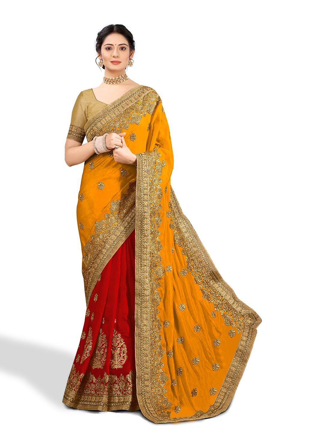 kedar fab ethnic motifs embroidered silk blend half and half saree