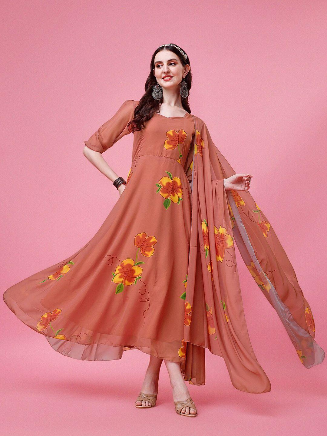 kedar fab floral printed puff sleeve gathered georgette maxi ethnic dress with dupatta