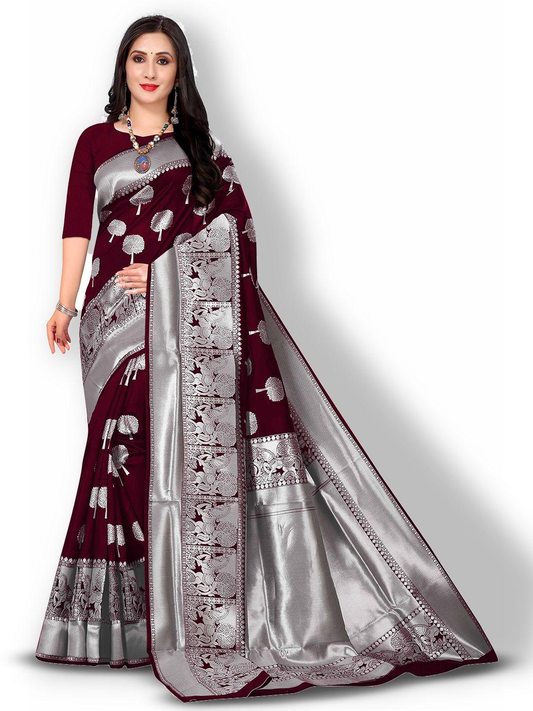 kedar fab maroon & silver-toned woven design zari silk blend saree