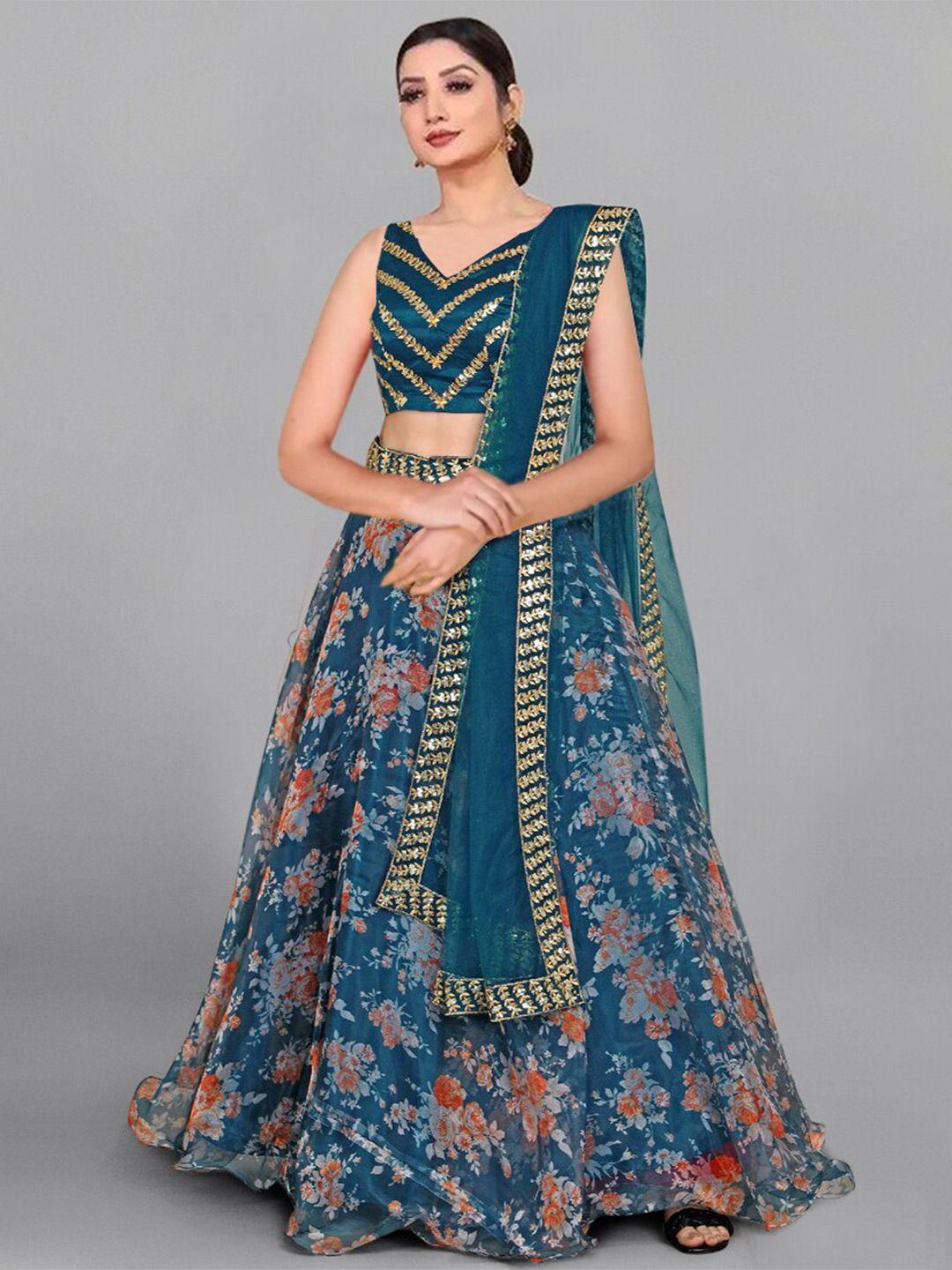 kedar fab printed v-neck organza semi-stitched lehenga & unstitched blouse with dupatta