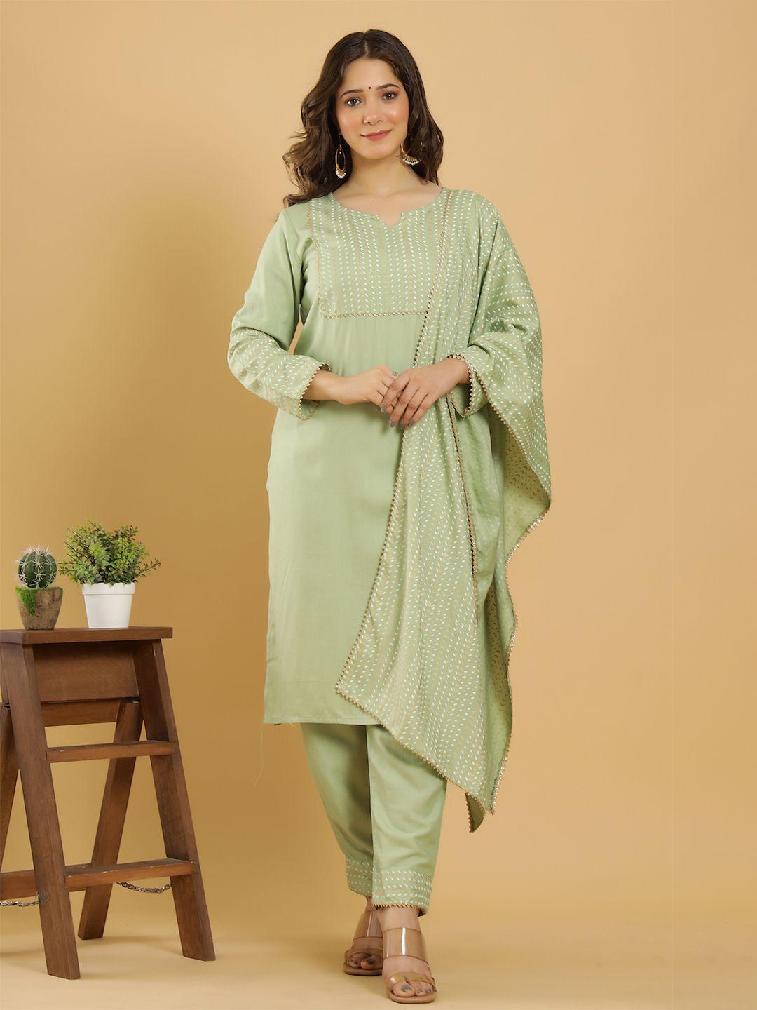 keep cart women green ethnic motifs printed gotta patti kurta with trousers & with dupatta