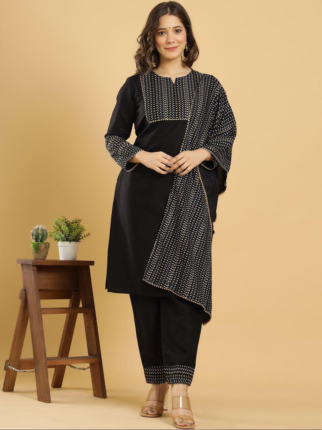 keep cart women black printed a-line kurta with trousers & dupatta