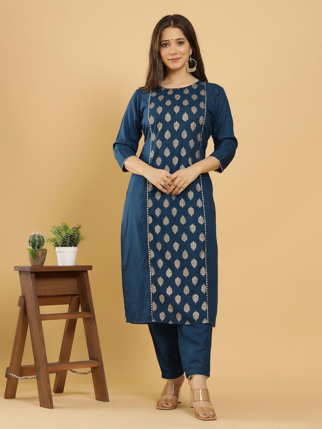 keep cart women blue ethnic motifs printed panelled kurta with trousers