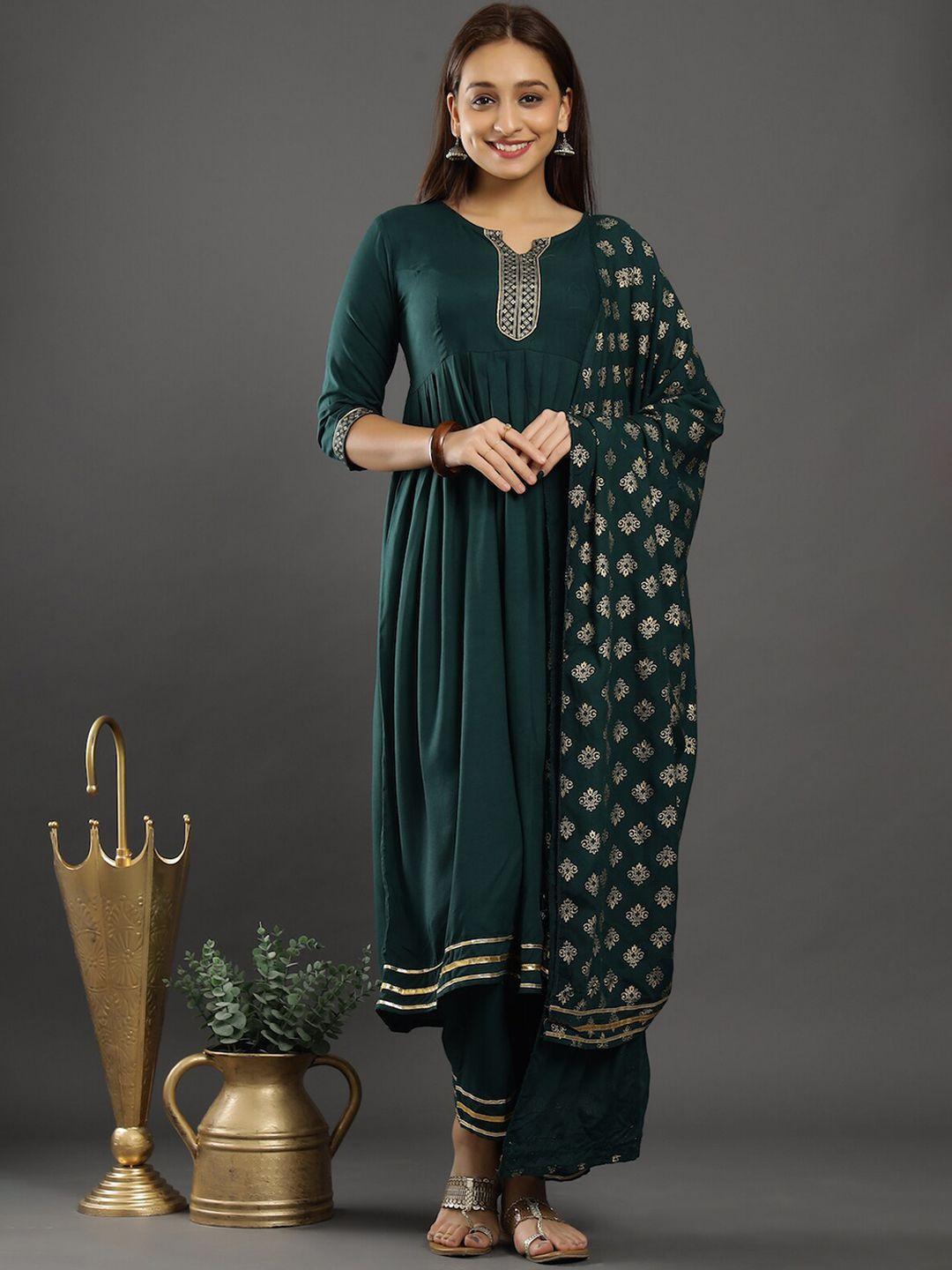 keep cart women green ethnic motifs pleated anarkali kurta with trousers & with dupatta