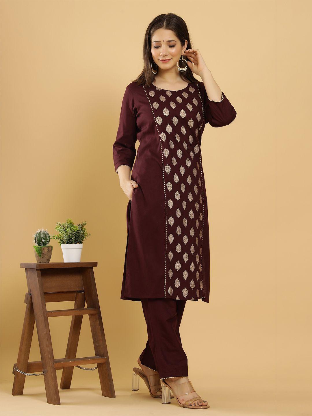 keep cart women maroon ethnic motifs printed kurta with trousers