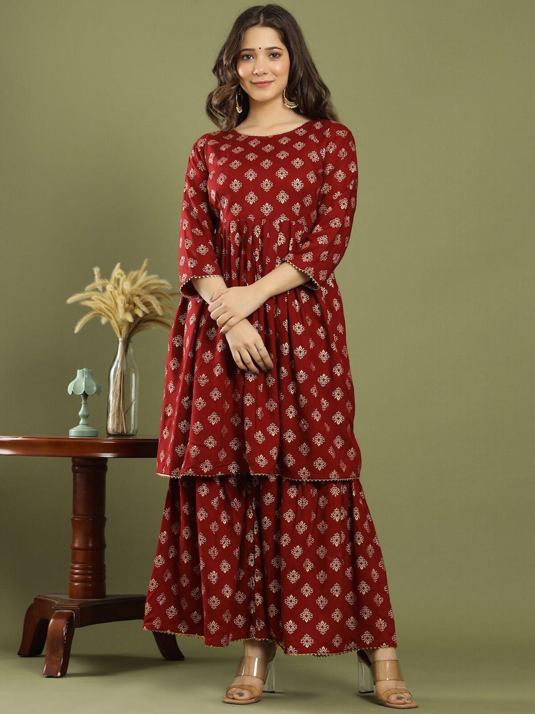 keep cart women maroon ethnic motifs printed pleated kurti with sharara & with dupatta