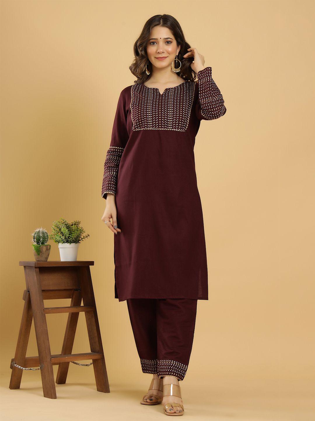 keep cart women maroon ethnic motifs yoke design kurti with palazzos & with dupatta