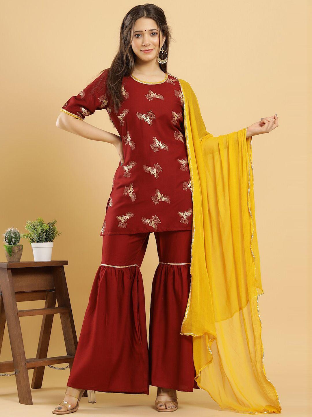 keep cart women maroon floral embroidered kurti with sharara & with dupatta