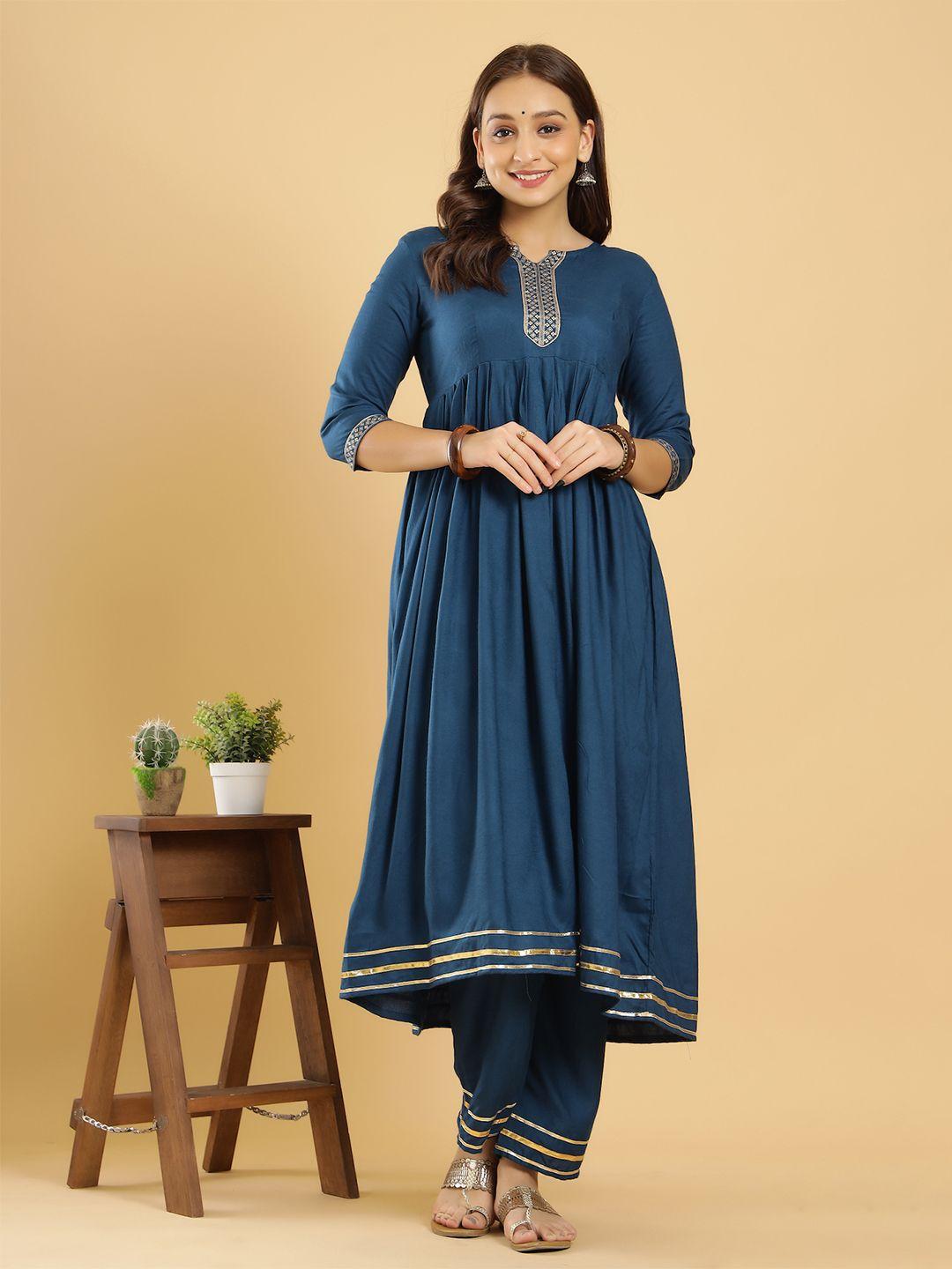 keep cart women navy blue & gold yoke design kurta with churidar & with dupatta