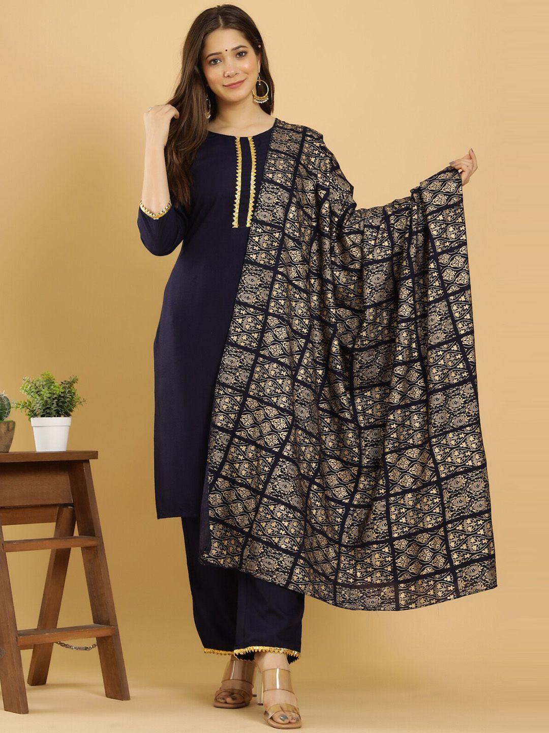 keep cart women navy blue ethnic motifs kurta with palazzos & dupatta